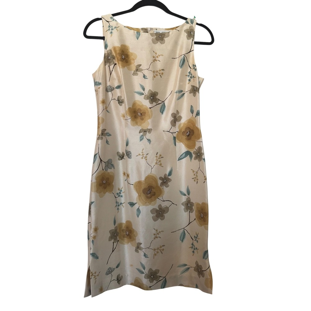 Yves Cossette Depeche Mode Silk Floral Sheath Dress Champagne Sz 4 Retro Vintage